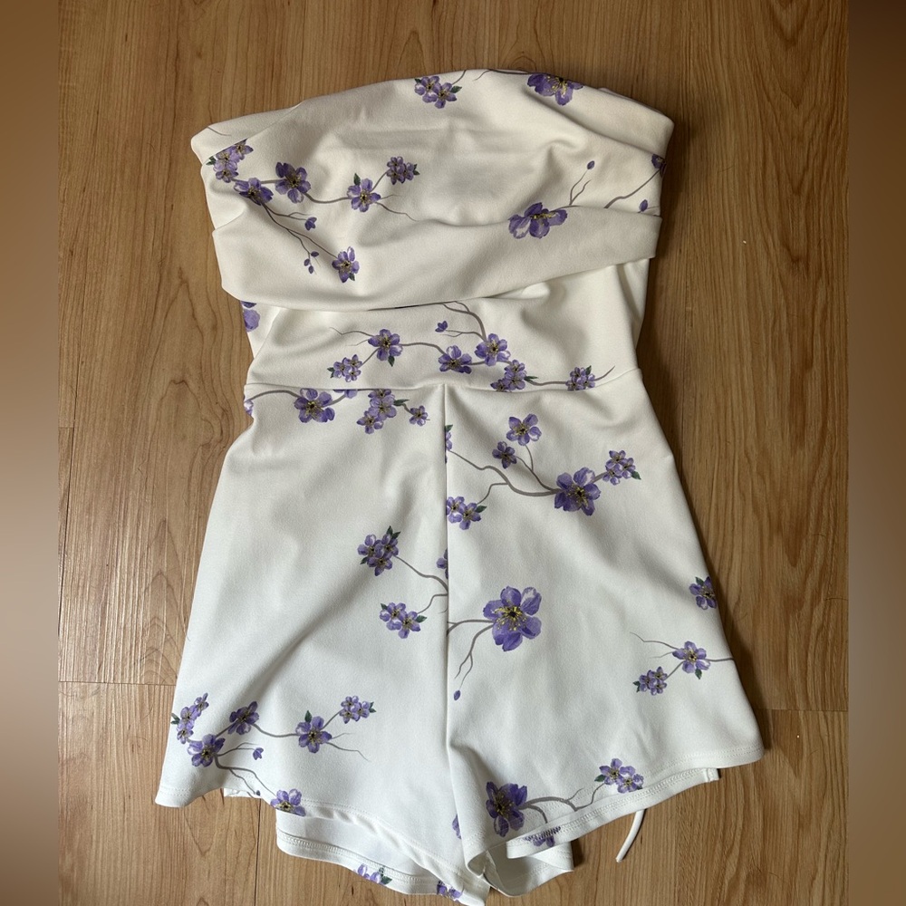 Strapless White Romper with Purple Floral Print